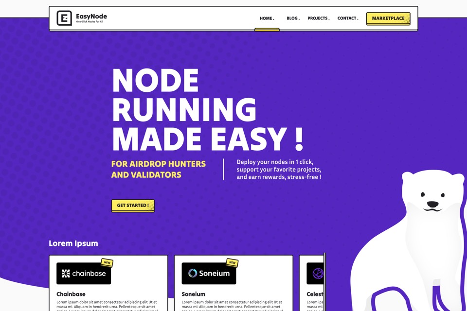 Landing page EasyNode : fond violet, grand titre « Node running made easy » et mascotte ours polaire.