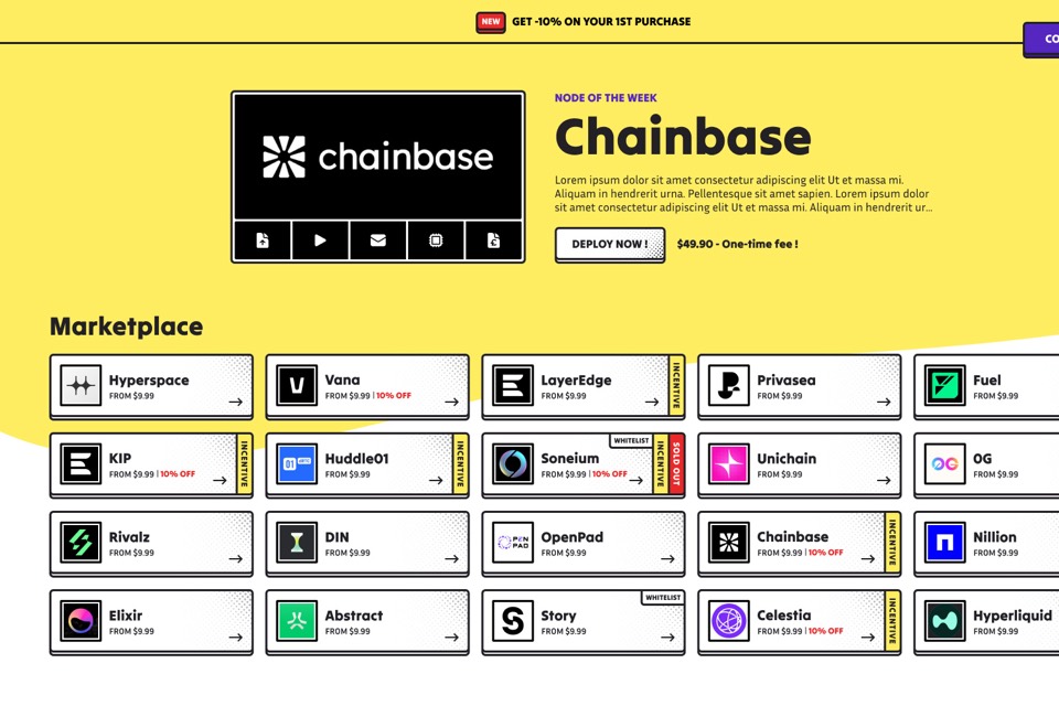 Marketplace EasyNode : grille de cartes de nœuds blockchain sur fond jaune.