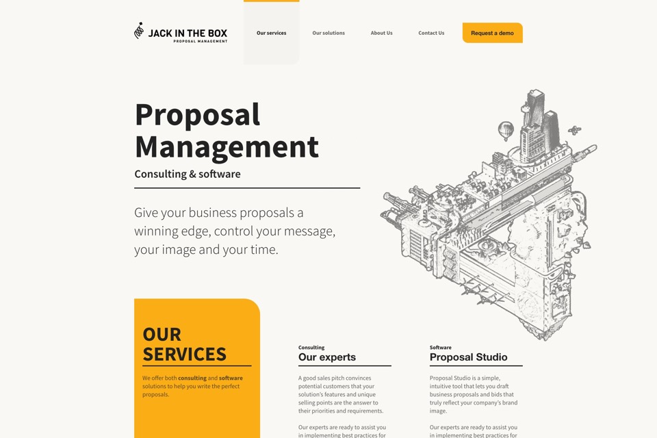 Page d'accueil du site Jack In The Box : titre « Proposal Management » et illustration isométrique.