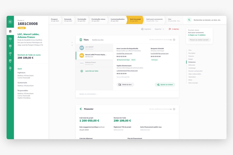 Interface de suivi de dossiers : fil d'étapes, fiche des tiers et synthèse financière.