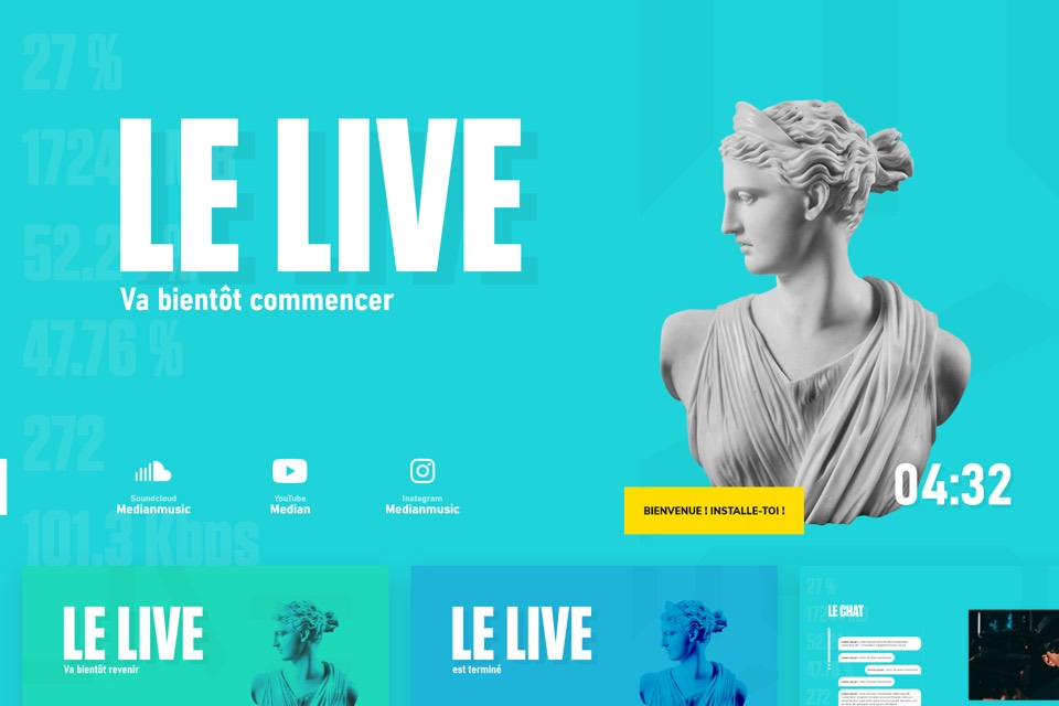 Habillage de live : écran « Le live va bientôt commencer » sur fond turquoise avec un buste antique.