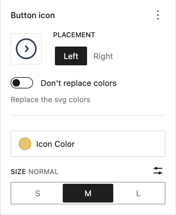 The Button icon panel with placement, color and size settings