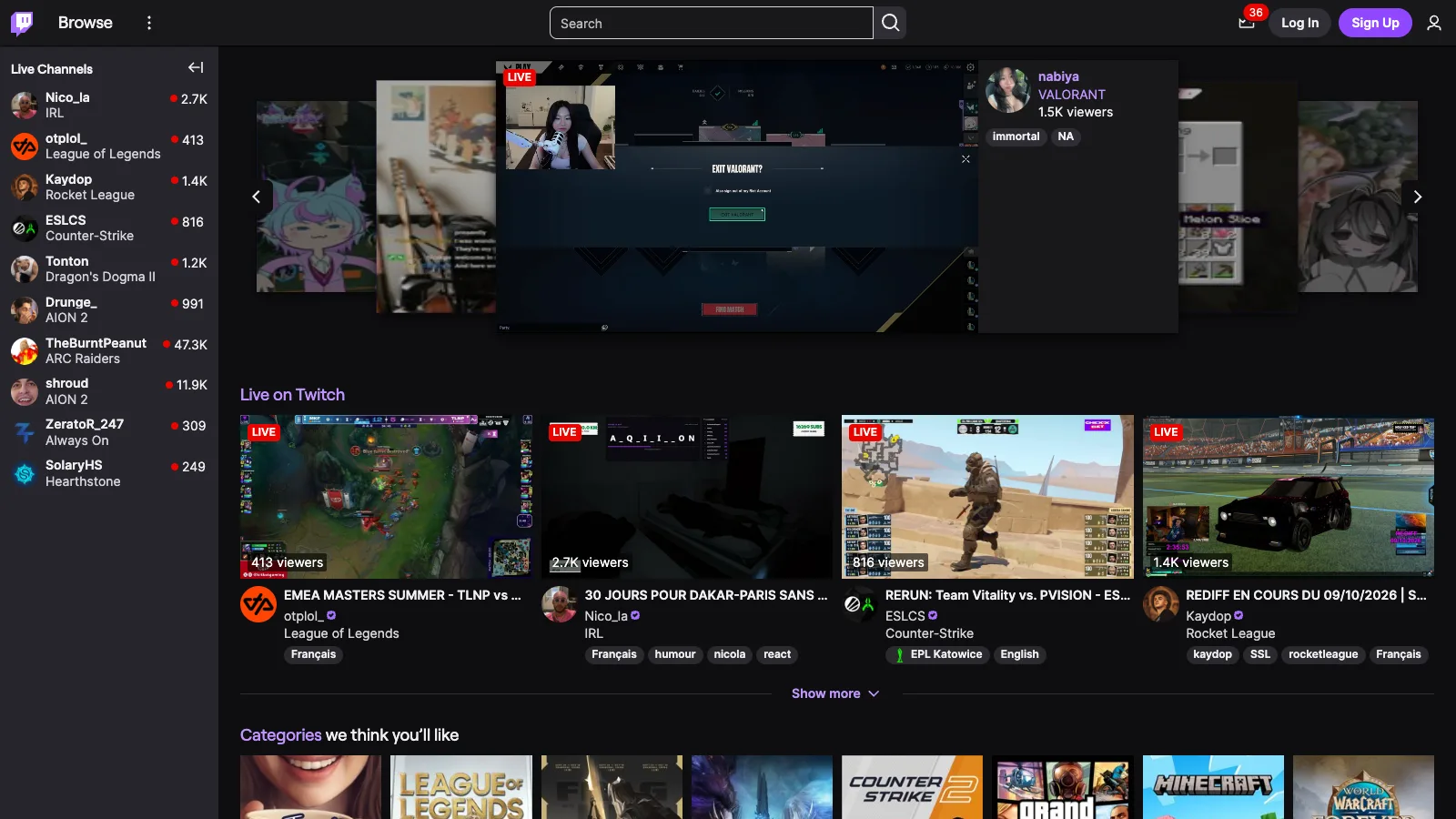 Twitch without the extension: the home page