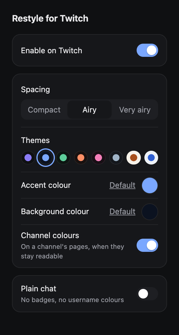 The settings popup, with the Midnight theme selected among eight colour swatches.